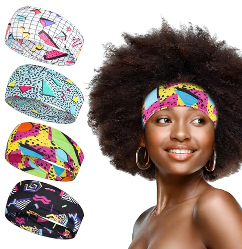 4 Pcs 80s 90s Vintage Neon Headbands, Boho Soft Sport Sweatbands, 90s Athletic Elastic Hairband, Universal Workout Weatband Outfit Accessories for Women Men for Hip Hop Party Style Hiking Cycling