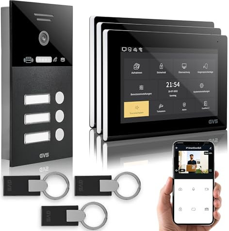 GVS - IP Video Türsprechanlage 3 Familienhaus mit Türöffner (RFID), HD Kamera, 3X 7 Zoll Monitor & App - Smarte Video Türklingel mit Kamera & Gegensprechanlage (AVS4291U)