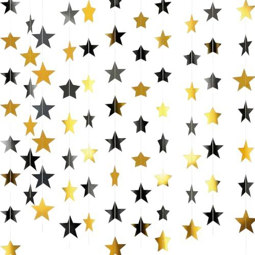 Spakon 65 Feet Glitter Star Paper Garland Banner Hanging Decoration Star Streamers Double Side 2026 Graduation Decorations for Wedding Birthday Festival New Year Party Decoration(Gold Black)