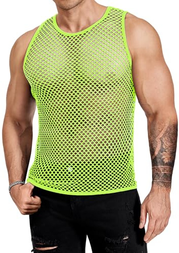 COOFANDY Men Sheer Shirt Mesh Fishnet Muscle Top Summer Sleeveless Tee Clubwear Party Top See Through Undershirt Lime Green