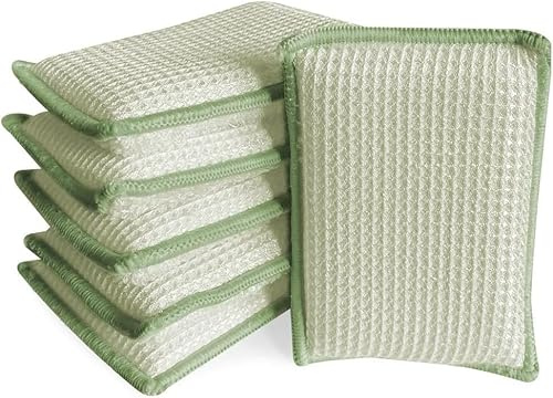 Set med 6 absorberande svampar i naturlig bambu, Lawaia tvättbara svampar, antibakteriella, icke-luktfria mikrofiberkuddar, idealisk borste för köksrengöring (grön)