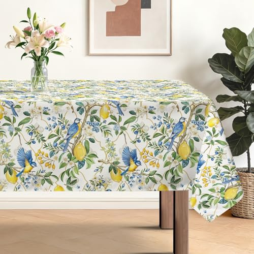 hometrixx Tovaglia Rettangolare Estate Limoni Uccelli Blu Tovaglie Antimacchia Poliestere Copritavolo per 8-10 Posti 152 x 264 cm Cucina Sala da Pranzo Giardino Esterno Compleanno