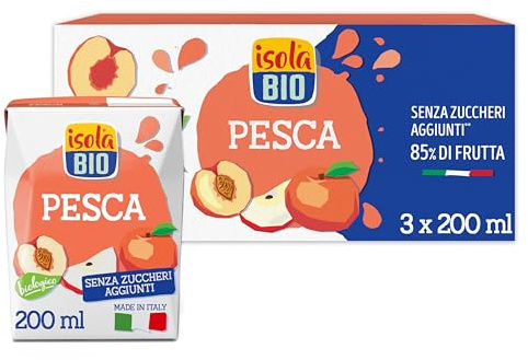 ISOLA BIO Succo di Frutta Pesca Biologico, Senza Zuccheri Aggiunti, 85% di Frutta, con Pesche Italiane, Senza Glutine, Formato 3x200ml