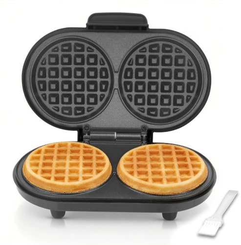 AshGlen Mini Gaufrier Double pour Enfants, Gaufrière Électrique 2x10cm Plaques Rondes Antiadhésives, 2 Gaufres Keto Chaffle,Petit Appareil,Gris Graphite