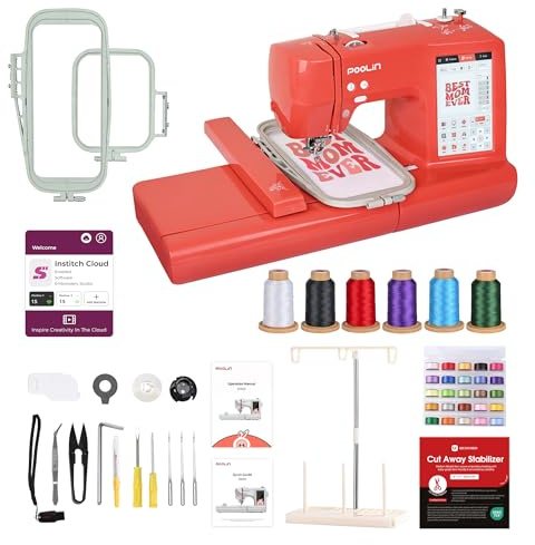 PooLin EOC05 embroidery machine - Rouge - Machine à broder électronique – Écran tactile LCD 7″, cadres 10×10 cm et 10×23,5 cm, import de motifs USB/Wi-Fi, idéale débutants et experts