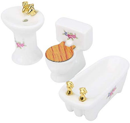 Bamjour /24 Dollhouse Miniatyr Badrumsset – Keramiskt Badkar, Toalett, Handfat Kit för /24 Dockskåp (Ros)