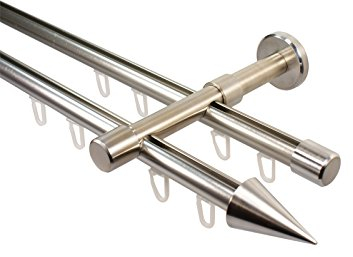 Innenlauf Gardinenstange 2-läufig 16 mm Durchmesser Farbe Edelstahl Wandmontage Vorhangstange aus Metall Endstück Spitze, 240 cm (2 x 120 cm)
