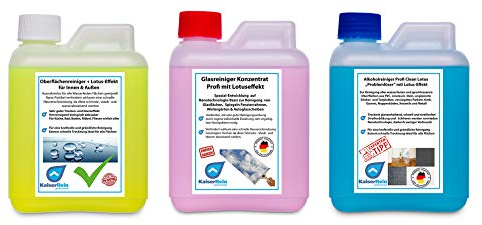 KaiserRein Alkoholreiniger Profi Clean + Allzweckreiniger + Glasreiniger mit Lotus-Effekt je 0,5 L = 1,5 L im Kanister Konzentrat Set