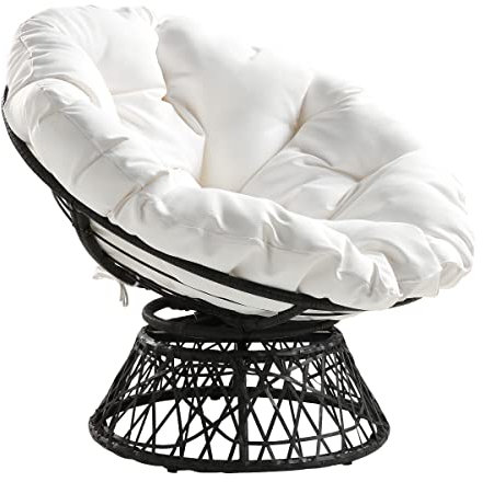 OSP Home Furnishings Wicker Papasan Chair with 360-Degree Swivel, Grey Frame with White Cushion