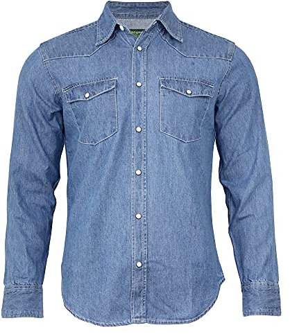 Hanger Lane Men's Long Sleeve Western Traditional Regular Fit Casual Flap Pocket Denim Shirt Top (Light Blue, L, l)