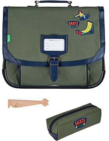 Set Schulranzen Tann S 38 cm Jungen + Federmäppchen rechteckig sortiert + Lesezeichen aus Holz Katze Blumie, Tony