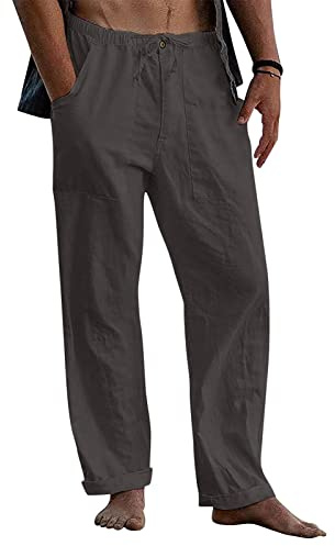 Halfword herr linne lösa byxor yogabyxor vardag strand dragsko elastisk midja lätta träningsbyxor, Mörkgrått, 5XL