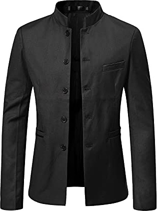 Men's Chinese Tunic Suits Mandarin Collar Formal Suit Jacket Solid Slim Fit Front Button Blazer Traditional Uniform Black