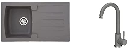 respekta Mineralite Spüle Küchenspüle Spülbecken Einbauspüle Boston 86 x 50 betongrau & VBChome GRAU Spültischarmatur Edelstahl 360°drehbar U- Form Küche Wasserhahn Küchenarmatur Einhebel