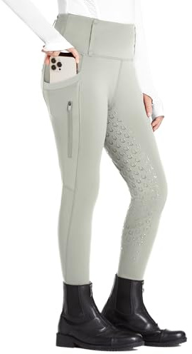 FitsT4 Sports Girls Riding Pants Full Seat High Waist Kids Equestrian Breeches Horse Schooling Tights Zipper Pockets Beige Size L