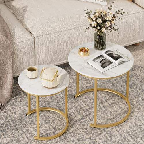 HEYZOEY Couchtisch Rund 2er Set, Wohnzimmertisch, Beistelltische Gold Metall, Kaffeetisch für Sofatisch, Wohnzimmer, Schlafzimmer, White Ink Gold