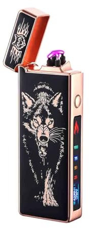 Briquet électrique, indicateur de batterie, briquet plasma, rechargeable, coupe-vent et flamme, double arc avec indicateur de batterie, pour bougies/barbecue (loup)