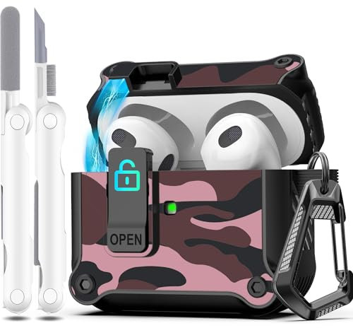 R-fun - Funda para AirPods de 3.ª generación 2021, protección Total contra caídas, Tapa emergente automática para Apple Airpod 3 Gen con Kit de Limpieza y Llavero,Camuflaje Rojo