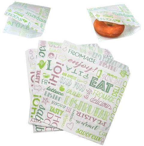 Tocnvoe - 100 Pezzi di Carta Alimentare Anti Grasso, 19x17 cm, Modelli Lettera Verde, Durevole, Resistente All'umidità e al Grasso, Sacchetto di Carta per Panini, Hamburger, Snack