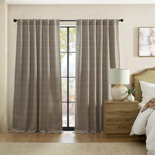 Elrene Home Fashions Sawyer Windowpane Plaid Room Darkening Single Window Curtain Panel with Rod Pocket/Back Tabs for Living Room/Bedroom/Office, 52x95, Taupe
