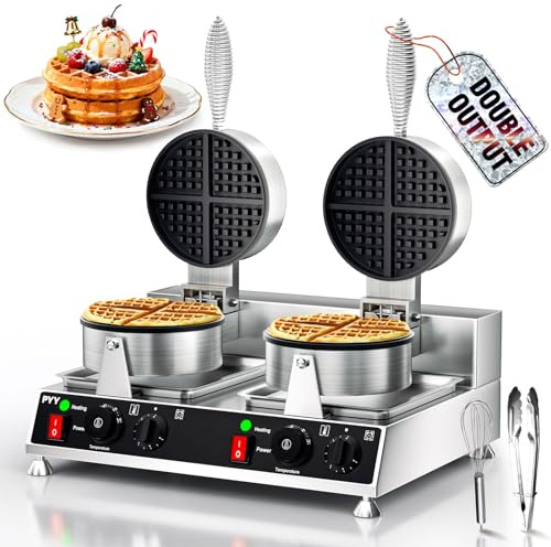 PYY Commercial Waffle Maker - Double Waffle Maker 2500W Large Stainless Steel，Silver Non-stick Electric Chaffle Maker for Restaurants, Waffle Houses, and Carnival Events