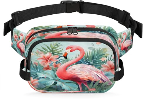 Bauchtasche für Herren und Damen, Wasserfarben, Flamingo, Grün, tropisches Palmblatt, rosa Blumenmuster, verstellbar und wasserdicht, Bauchtasche für Reisen, Sport, Wandern, Laufen, Aquarell Flamingo,