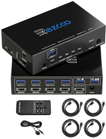 HDMI KVM Switch USB 3.0 4 Porte con Hotkey 4K 60Hz 18Gbps Condivisione di 4 Computer con una Tastiera Mouse HDR D-olby Vision HDCP2.2 Telecomando Cavo USB3.0 X4