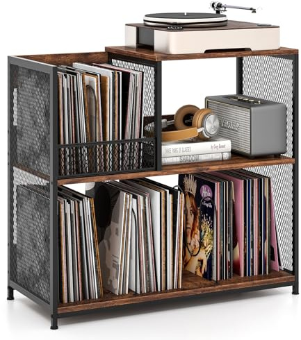 COSTWAY 3-stöckiger Plattenspielerständer für bis zu 300 Alben, Grammophontisch mit 3 herausnehmbaren Trennwänden und Metallrahmen, Vinyl-Präsentationsregal für Wohnzimmer (Braun)