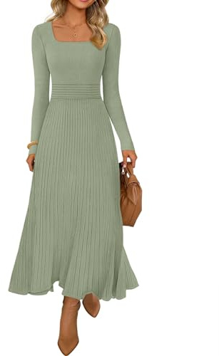 MEROKEETY Women's Sweater Dress 2025 Fall Winter Casual Long Sleeve Square Neck Pleated Church Work Knit Midi Dresses, LightGreen, Medium