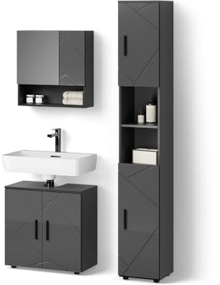 Livinity Ensemble de Meubles de Salle de Bain Ronco Anthracite Brillant | 3 pièces, avec armoire haute