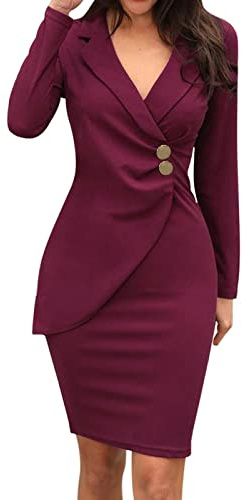 2025-Robe Portefeuille Femme Manche Longue- Robe Sexy Col en V Asymétrique Plissée avec Boutonds Casual Couleur Unie Chic Et Élégants Confortable Tempérament De Travail Dress pour d'affaires