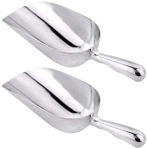 2 palas de metal de 12 oz de aleación de aluminio plateado liso multiusos con mango curvado para hielo, harina, arroz, comida para mascotas y más