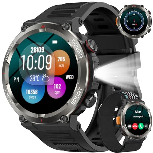Baolubao Orologio militare da uomo, 2.01 HD, batteria da 900 mAh, chiamata Bluetooth, lampada LED, frequenza cardiaca e SPO₂, monitoraggio del sonno, 100+ modalità sportive, 2 braccialetti inc