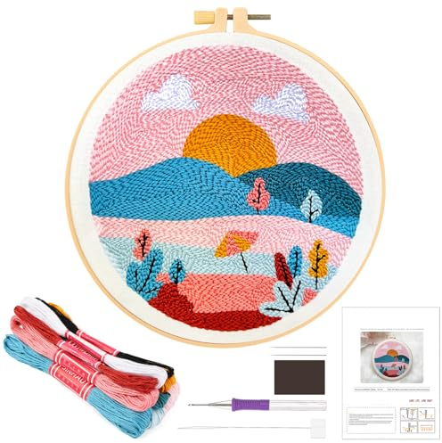 JSRQT Paisaje Kit de Aguja Perforadora para Principiantes Adultos, Kit de Inicio Punto Cruz Estampado con Herramienta, Fácil Bordado Punch Needle Craft Hecho a Mano con Instrucciones, Hilos y Bastidor
