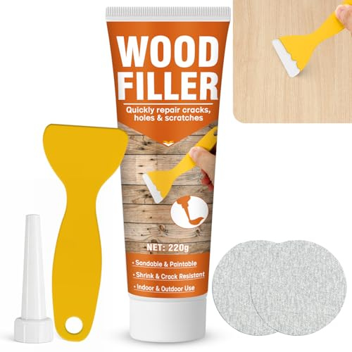 Masilla para Madera Blanca, Pintable y Lijable Masilla Madera para Grietas, Agujeros y Daños, Bajo Olor y Resistente a Grietas – Madera Maciza y Muebles Interior y Exterior (220g)