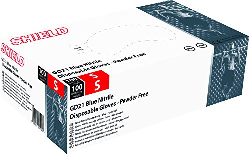 SHIELD Powder Free Blue Nitrile Disposable Gloves GD21 - Size: Small. Case of 10 Boxes of 100 Gloves