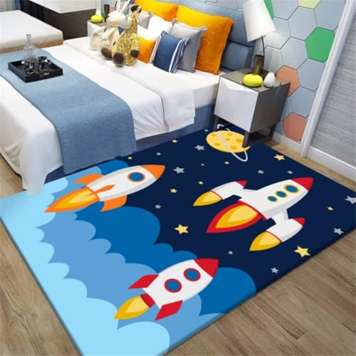 Judy1980 Children's Universe Planet Astronaut Living Room Mat Non-Slip Azul y Negro Carpets Children's Mat Lavable (A, 80 x 160 cm)