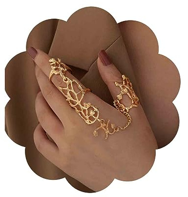 Aneneiceera Vintage Full Finger Ring Long Two Finger Rings Gothic Statement Rings Punk Hand Harness Ring Adjustable Fingertip Rings Jewelry for Women (Gold)