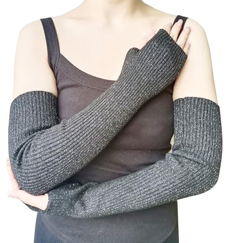 Share Maison Women’s Cashmere Wool Arm Warmers With Thumb Hole, 20” Long Fingerless Gloves, Soft Knit Wrist Warmer Sleeves (28-mixed black)