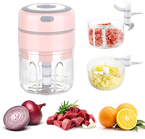 Mini Batidora de Cocina Eléctrica, Picadora Eléctrica 250ml+100ml Batidora de Pesto de Doble Taza para Ajo, Cebolla, Carne, USB Recargable (Rosa)