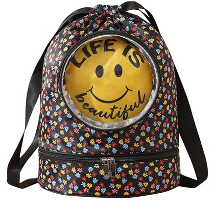 NLAND Mochila con Cordón para Niños Mochila de Cuerdas Impermeable Bolsa de Natación Grande Bolsa de Deporte con Compartimento para Zapatos Saco de Gimnasio (Negro)