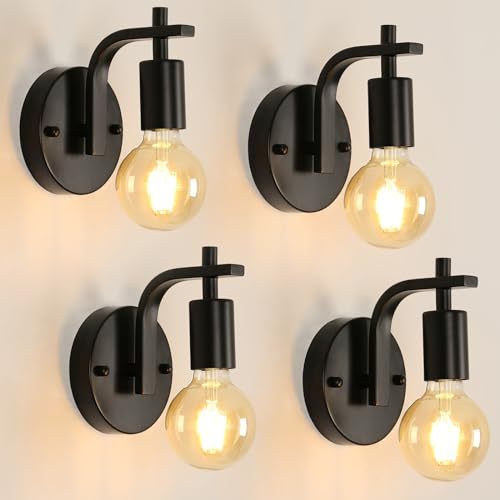DELIPOP 4 Stück Wandleuchte Innen Vintage, E27 Wandlampe Schwarz Metal, E27 Industrial Retro Lampe Wandleuchten Wandspot für Schlafzimmer, Wohnzimmer, Treppen, Flur, Esszimmer, Ohne Leuchtmittel
