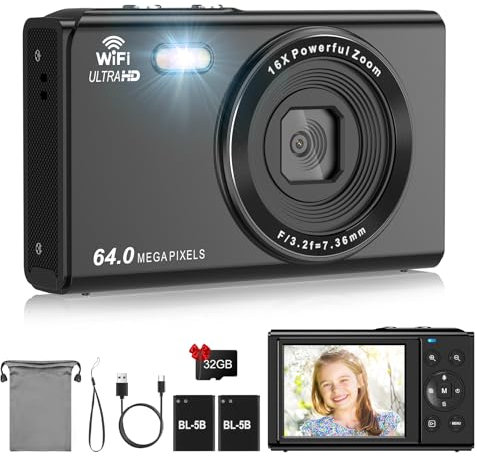 SOPPY Cámara Digital con Transferencia WiFi, Vlogging UHD 4K de 64 MP, con Tarjeta SD de 32 GB, Pantalla LCD de 2.8 Pulgadas, Zoom Digital de 16X, para Niños y Adolescentes