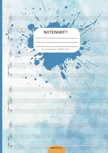 Notenheft Klavier: DIN A4 Notenlinienheft, Notenbuch für den Musik-Unterricht ,Blanko Notenlinienheft Keyboard Orgel Musiktheorie, 60 Seiten Violinschlüssel Bassschlüssel und Melodie