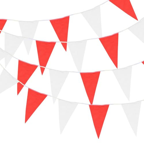 QUARKZMAN 30M/100ft Rojo Blanco Bunting Banner Cadena Colgante con 60PCS Triángulo Banderines para Jardín Exterior Boda Fiesta de Cumpleaños
