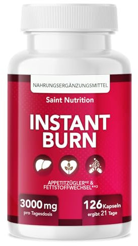 INSTANT BURN® Appetitzügler Kapseln – Abnehmen & Stoffwechsel - EXTREM hochdosiert mit Glucomannan, Cholin, Vitamin B1 und B6 – Für Frauen & Männer, schnell & stark – Nahrungsergänzung, 21 Tage Kur