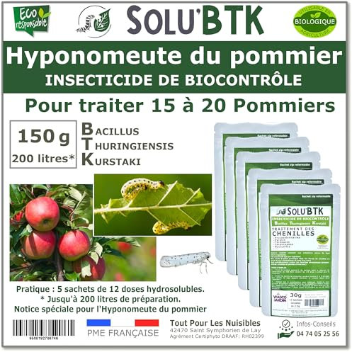 SoluBTK - Hyponomeute du Pommier - 150 g Bacillus thuringiensis BTK - Insecticide Utilisable en Agriculture Biologique - Traitement chenilles