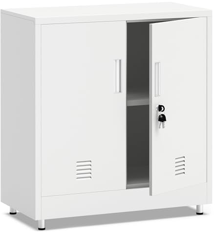 JINKUR Metal Storage Cabinet with Locking Doors and Adjustable Shelf, Small Lockable Sideboard Buffet Cabinet for Home, Office, Entryway, Hallway, Living Room, Kitchen and Dining Room (White)