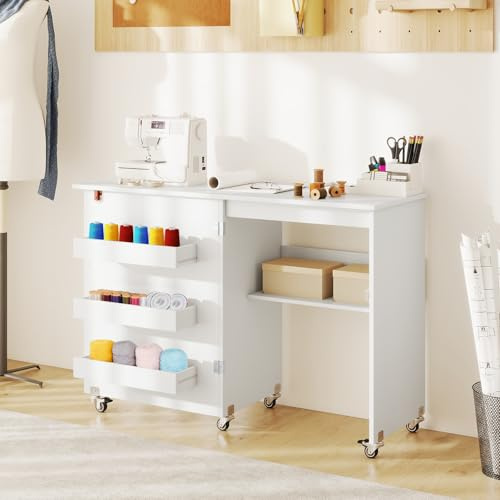 GIANTEX Nähtisch klappbar, Nähmaschinentisch auf Rollen, Nähtisch für Nähmaschine, Nähschrank Holz, Mehrzwecktisch für Wohnzimmer Arbeitszimmer Schlafzimmer (Weiß)
