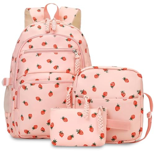 Qubitly 3-Piece Set Strawberry Kids Backpack, School Bag with Crossbody Bag & Wallet, Pink Backpack for Girls Teens Women, Waterproof School Bags for Daily Use & Travel
